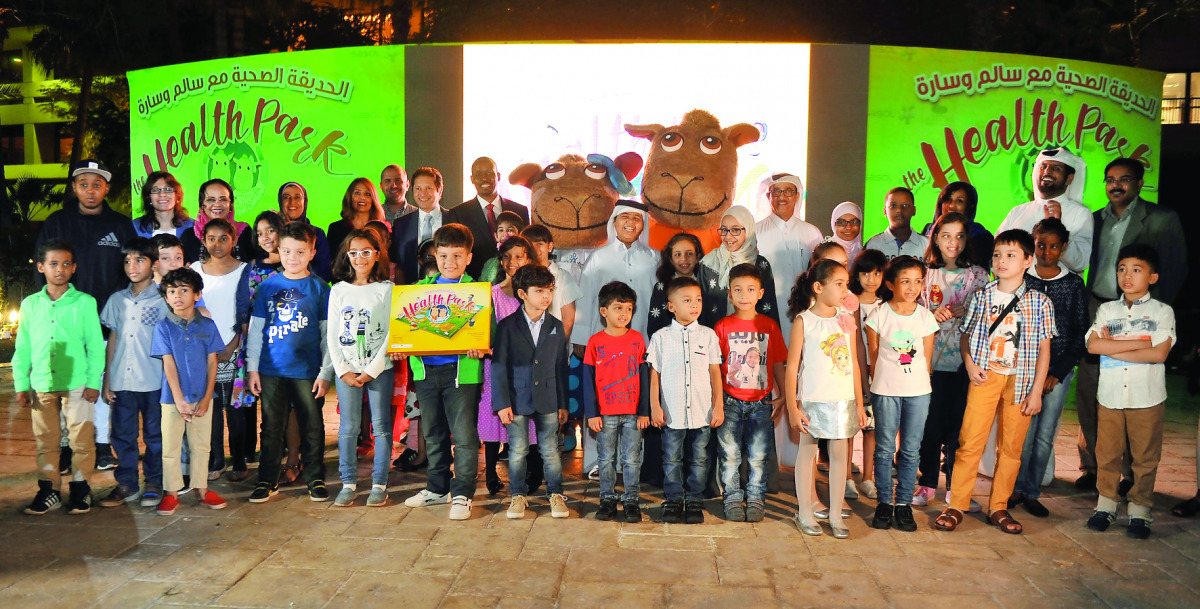 Dr Abdullah Al Hamaq, Executive Director, Qatar Diabetes Association, with mascots and children living with Type 1 diabetes at the launch of Health Park. Pic: Abdul Basit / The Peninsula