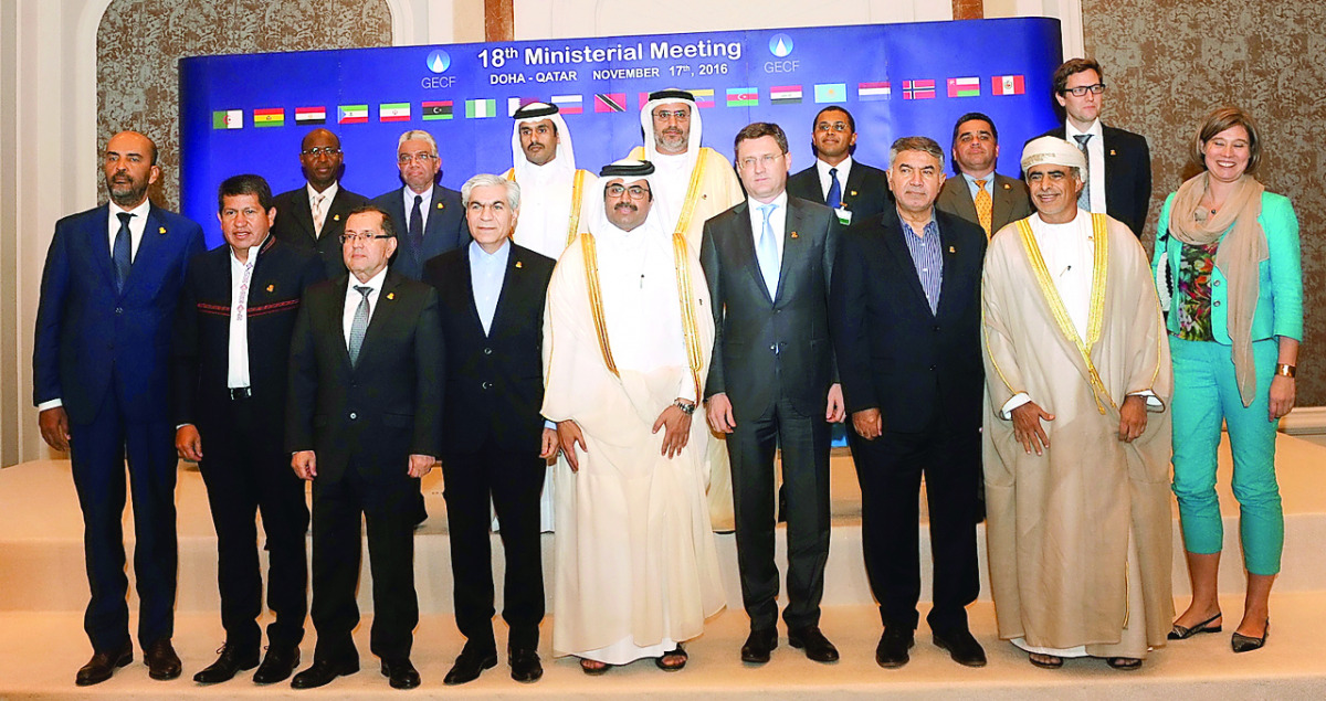 Minister of Energy and Industry H E Dr Mohammed bin Saleh Al Sada, who is also President of 18th Ministerial Meeting  of Gas Exporting Countries Forum; GECF Secretary-General Seyed Mohammad Hossein Adeli and other officials pose  for a group picture after