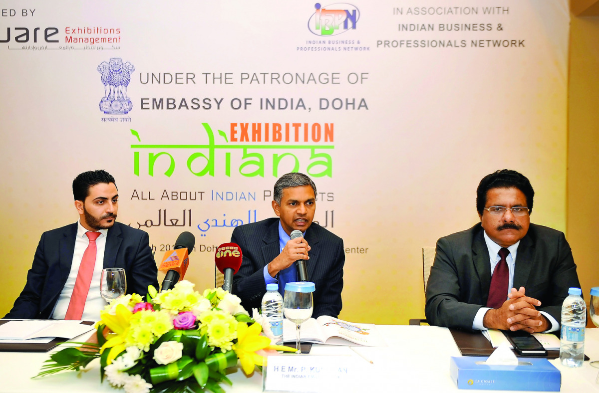 Ambassador of India, P  Kumaran, talking to the media in Doha yesterday. Also seen are  Omar Arar (left), DPT General Manager and K M Varghese, IBPN President. Pic: Abdul Basit / The Peninsula