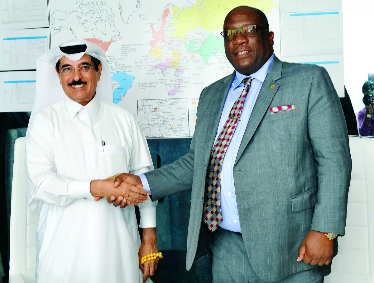 Prime Minister of Saint Kitts and Nevis Timothy Harris (right) and H E Dr Hamad bin Abdulaziz Al Kawari, Cultural Adviser at the Emiri Diwan and Qatar's candidate to the Director-General's post at Unesco, during a press conference at Palm Tower yesterday.