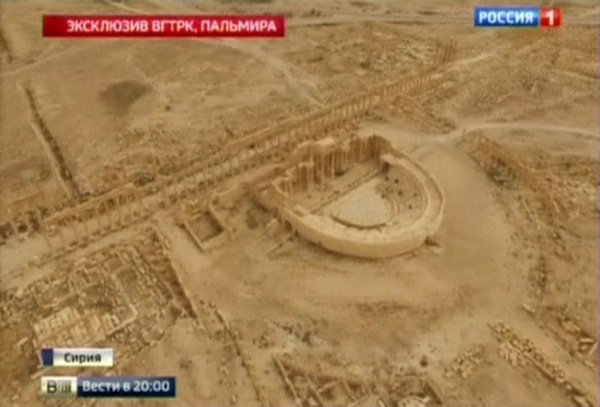 An aerial view of the Roman theater in Palmyra is seen in this image taken from the video released on March 25, 2016 by RURTR via Reuters