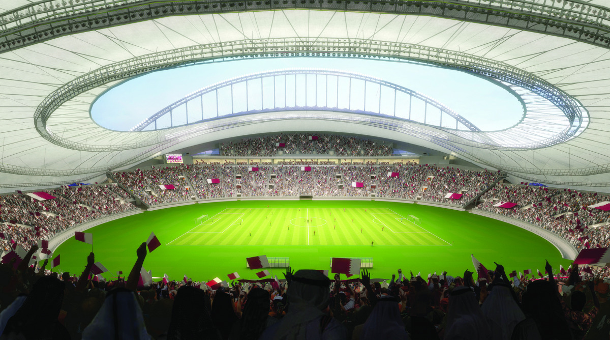 A computer-generated image of  the iconic Khalifa International Stadium. 