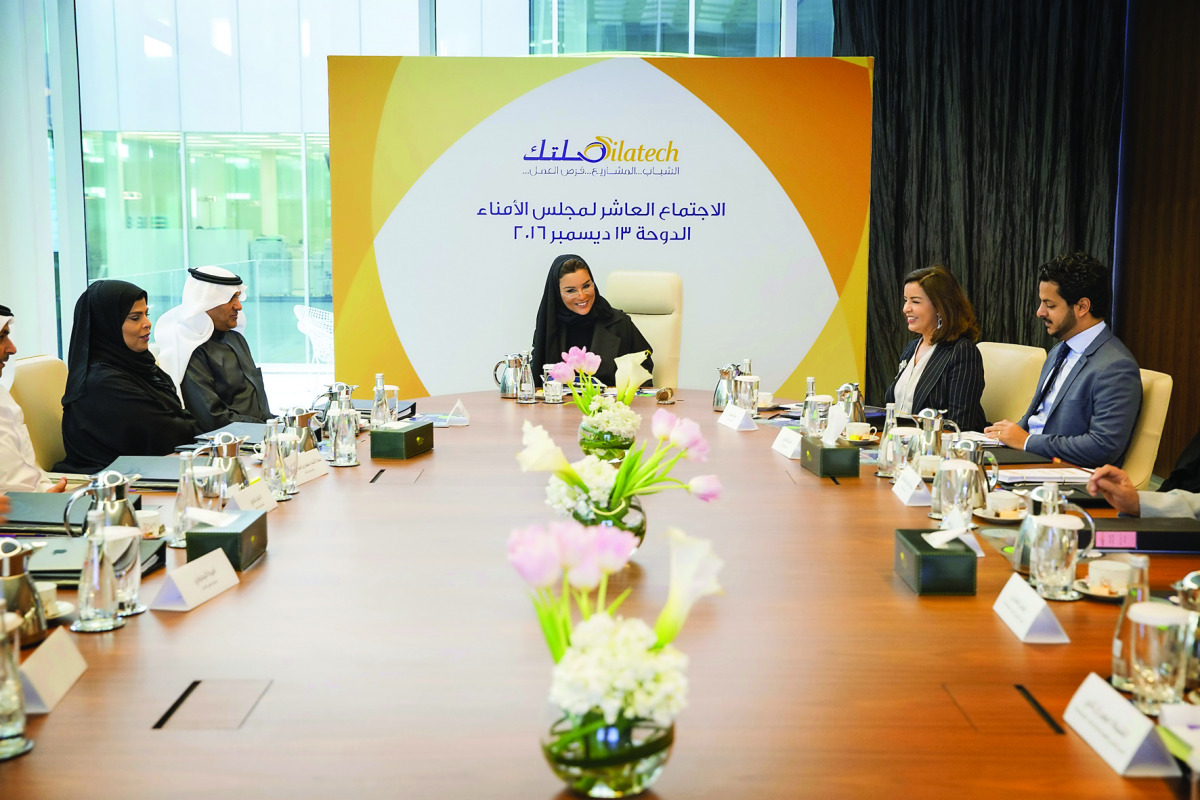 H H Sheikha Moza bint Nasser attending the annual board meeting of Silatech in Doha, yesterday.   Pic: A R Al Baker