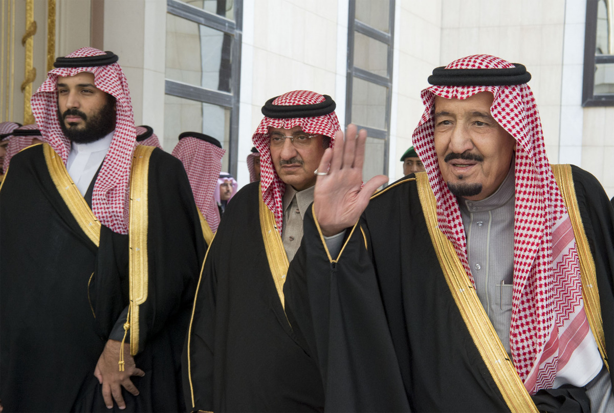 The Custodian of the Two Holy Mosquoes King Salman bin Abdulaziz of Saudi Arabia (R), Saudi defence minister and Deputy Crown Prince Mohammed bin Salman (L) and Deputy Crown Prince and the Minister of Interior of Saudi Arabia Muhammad bin Nayef (C) attend