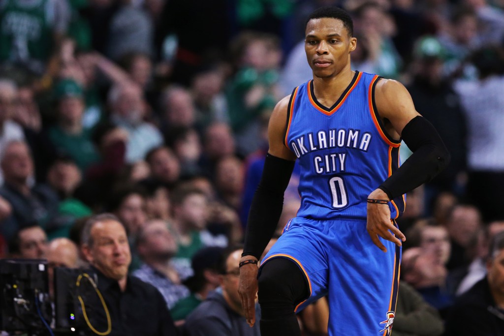 Russell Westbrook #0 of the Oklahoma City Thunder dances to celebrate hitting a three point shot against the Boston Celtics during the fourth quarter at TD Garden on December 23, 2016 in Boston, Massachusetts. The Thunder defeat the Celtics 117-112.  Madd