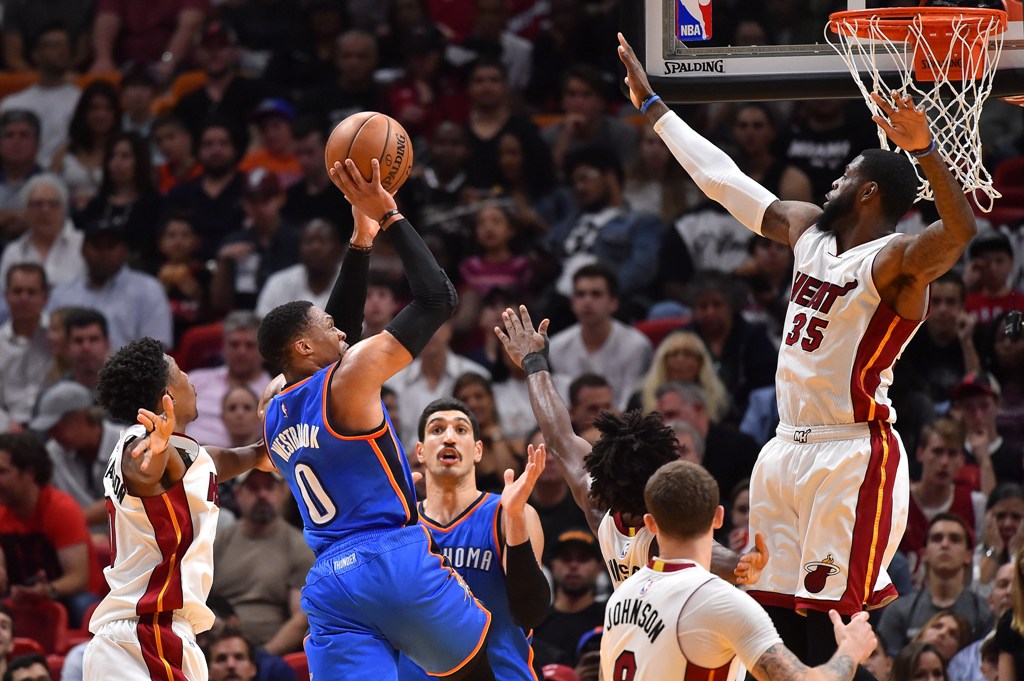 Oklahoma City Thunder guard Russell Westbrook (0) shoots against the Miami Heat during the second half at American Airlines Arena. Jasen Vinlove