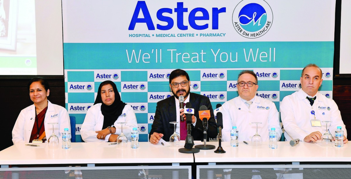 Dr Sameer Moopen, (centre) CEO, DM Healthcare, speaking during a press conference  at Westin Hotel in the presence of Dr Mohammad Adel El Chaer (second right), endocrinologist, Dr Abdulhafid (right), internist, Dr Kumari Varghese (left), gynaecology, and 