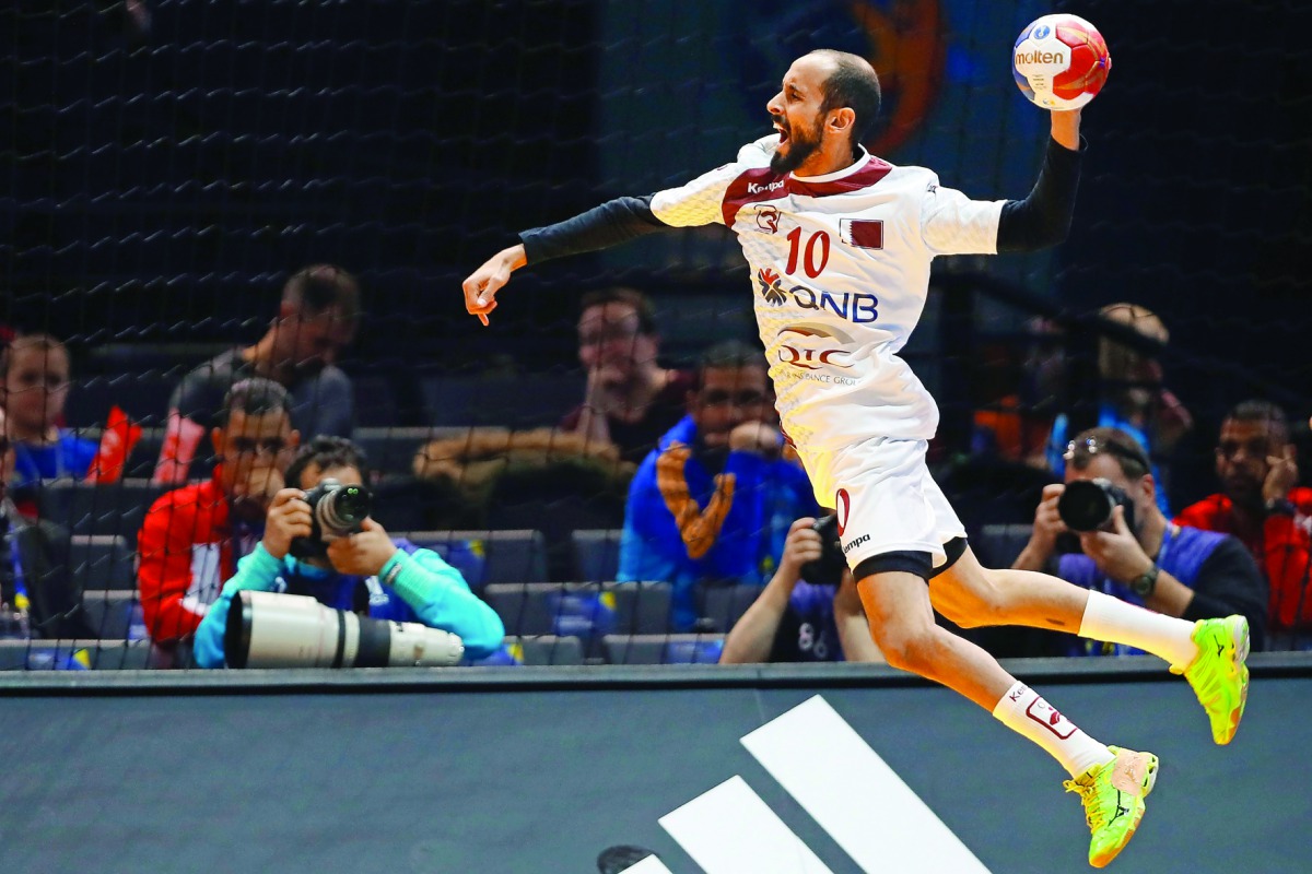 Qatar's Abdullah Al Karbi jumps to shoot during the 25th IHF Men's World Championship 2017 Group D match against Bahrain in Paris on Sunday.