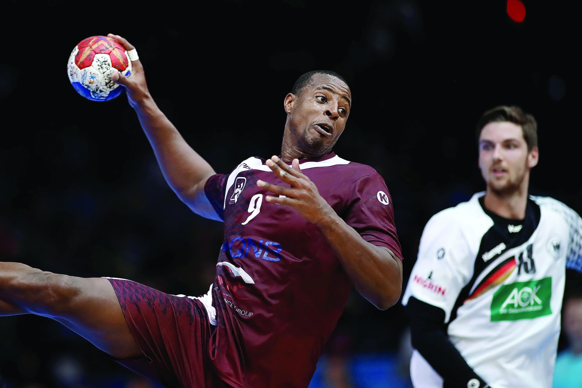 Top goal scorer for Qatar, Rafael Capote prepares to shoot against Germany during the 2017 Handball Men's World Championship, Eighth Finals at AccorHotels Arena in Paris yesterday. Qatar won 21-20 to advance to the quarter finals.  
