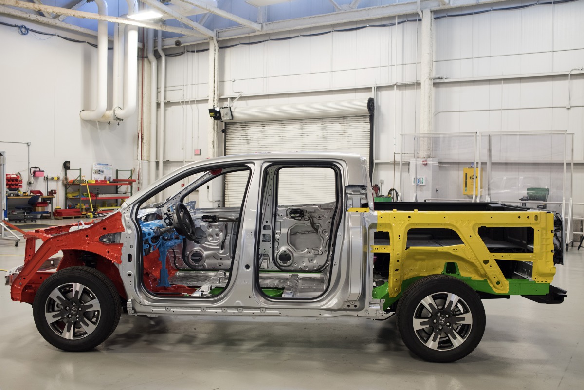 The rolling chassis of a Honda Motor Co. 2017 Ridgeline pickup truck. Honda is betting pickup owners want sedan comfort as well as truck utility. (Bloomberg photo by Ty Wright)