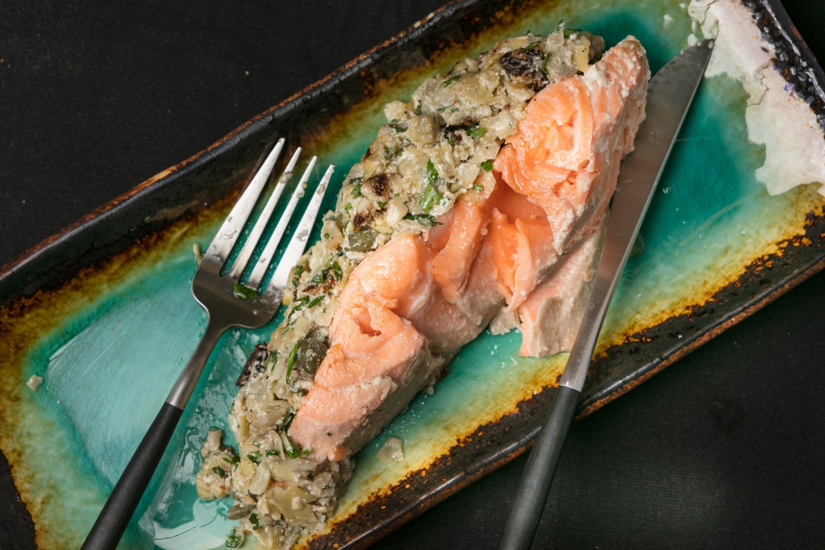 Roasted Salmon With Artichoke Topping (Photo by Goran Kosanovic for The Washington Post)