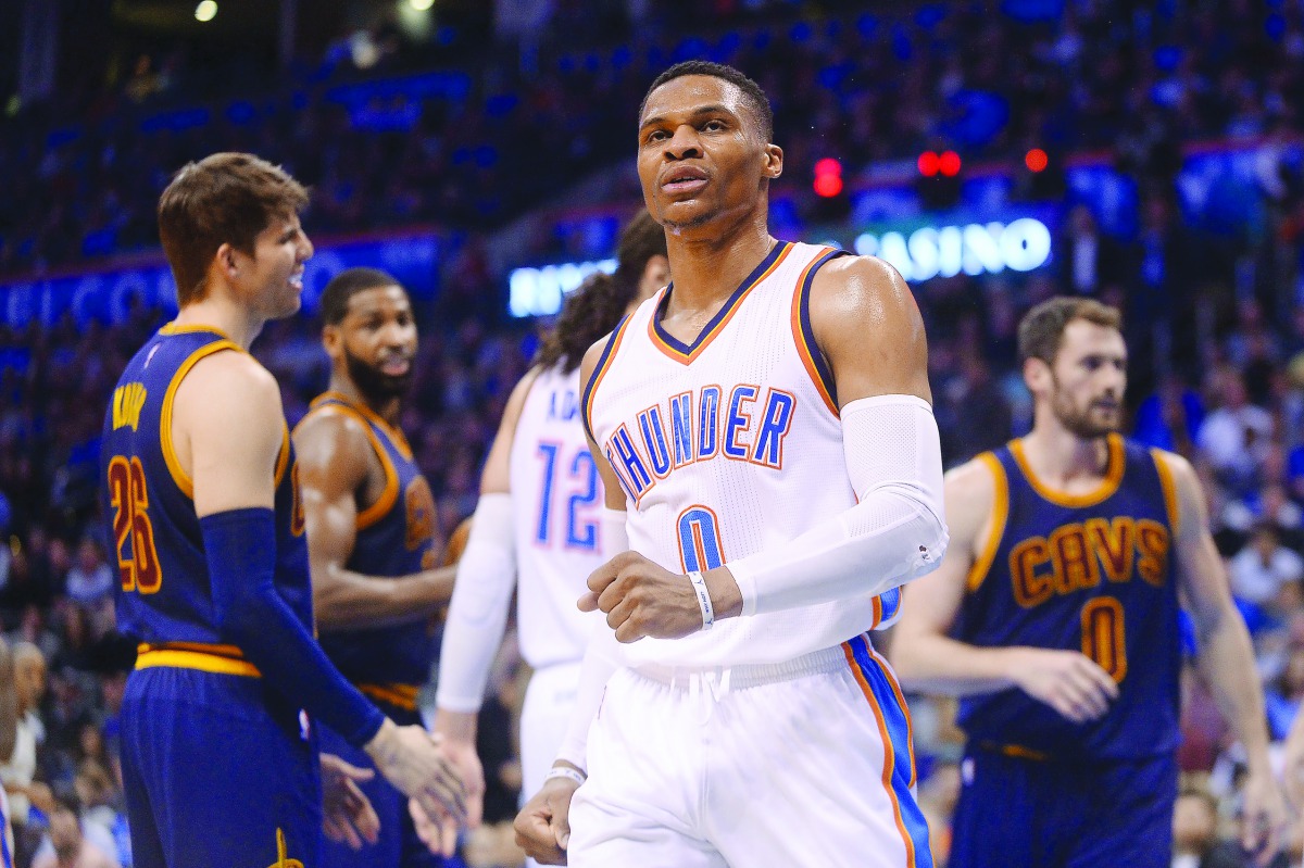 Oklahoma City Thunder guard Russell Westbrook (0) reacts after a play against the Cleveland Cavaliers during the fourth quarter of their NBA game at Chesapeake Energy Arena in Oklahoma City on Thursday. 