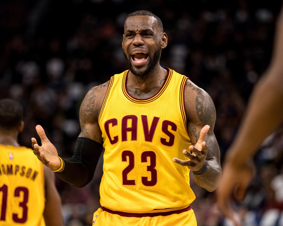 Cleveland Cavaliers forward LeBron James (23) argues a call during the first quarter against the Minnesota Timberwolves at Target Center. Brace Hemmelgarn
