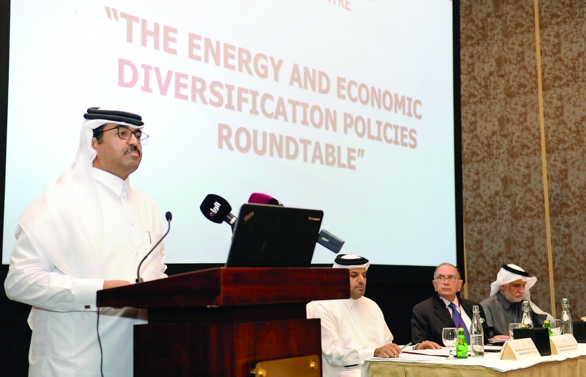 Minister of Energy and Industry, H E Dr Mohammed bin Saleh Al Sada, addressing the opening session of Energy and Economic Diversification Policies Roundtable held at the Four Seasons Hotel in Doha yesterday.  Pic: Salim Matramkot / The Peninsula