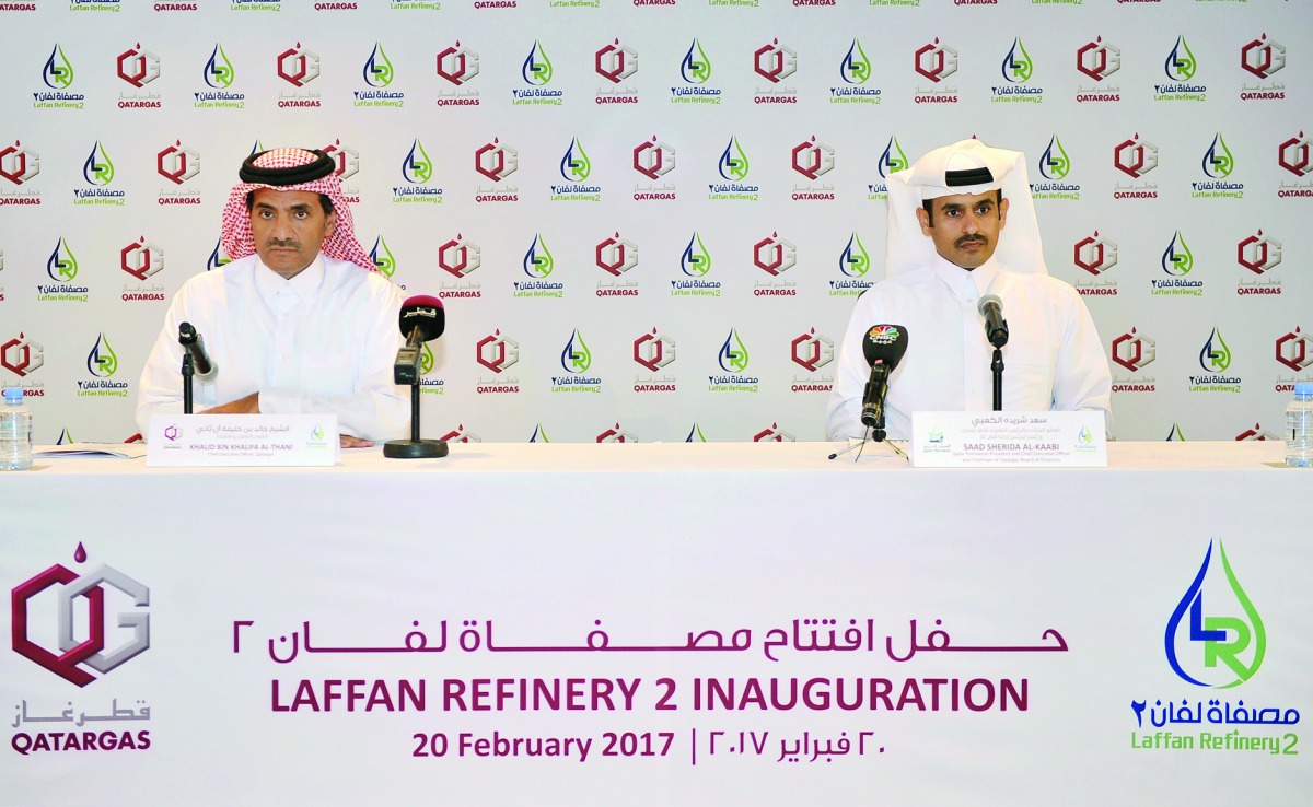 Saad Sherida Al Kaabi (right), President and CEO of Qatar Petroleum, who is also the Chairman of Qatargas Board of Directors ; and Sheikh Khalid bin Khalifa Al Thani, Chief Executive Officer of Qatargas, during  the press conference at the QNCC yesterday.