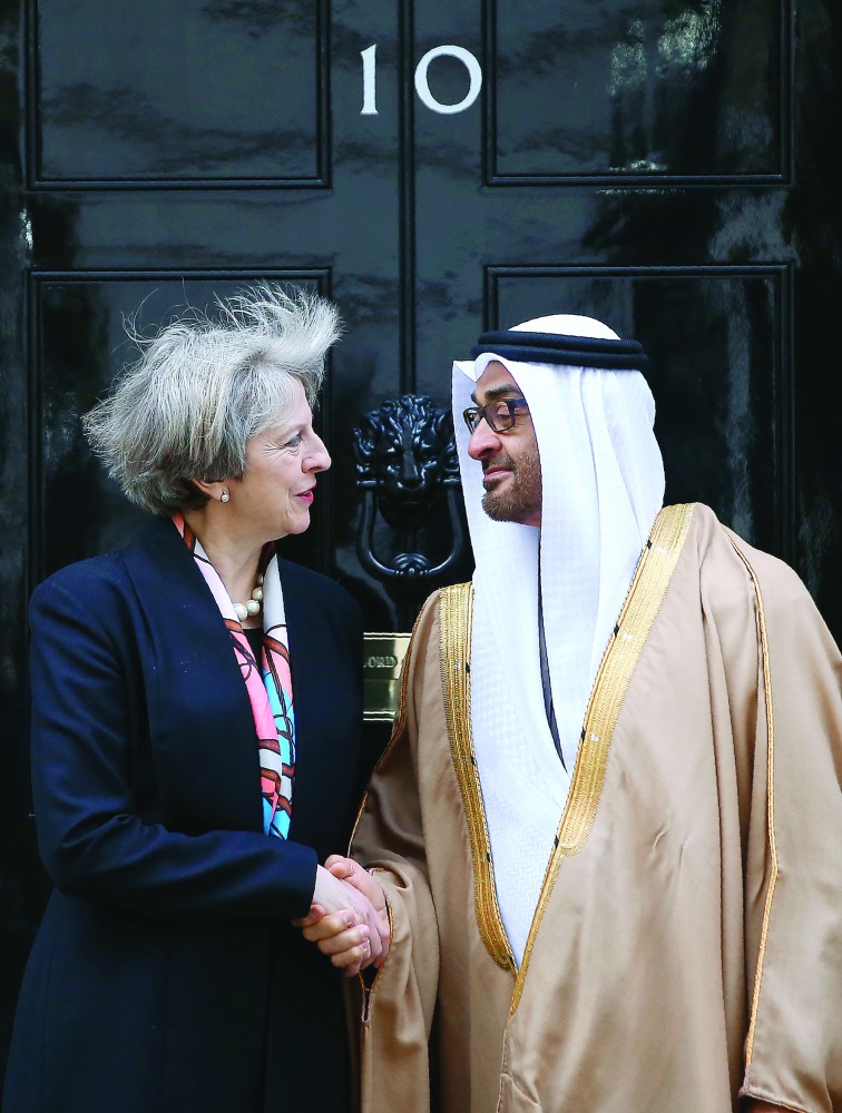 British Prime Minister Theresa May with Crown Prince of Abu Dhabi, General Sheikh Mohammed bin Zayed Al Nahyan, at 10 Downing Street in central London, yesterday.