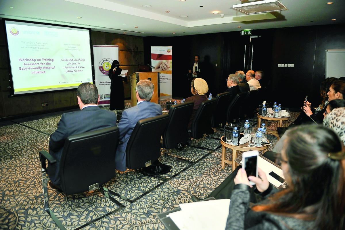 Dr. Sheikha Al Anoud bint Mohammed Al Thani, Director of Health Promotion and Non-Communicable Diseases speaking at workshop for evaluators of child friendly hospitals initiative yesterday.  Pic: Baher Amin / The Peninsula