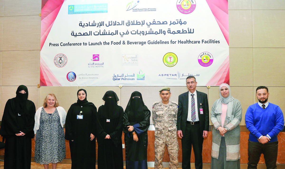 Sheikha Dr Al Anoud bint Mohamed Al Thani, Reem Khalid Al Saadi, Moudhi Al Hajri and other officials at a press conference to launch Food and Beverage Guidelines, yesterday. 
Pic Kammutty VP