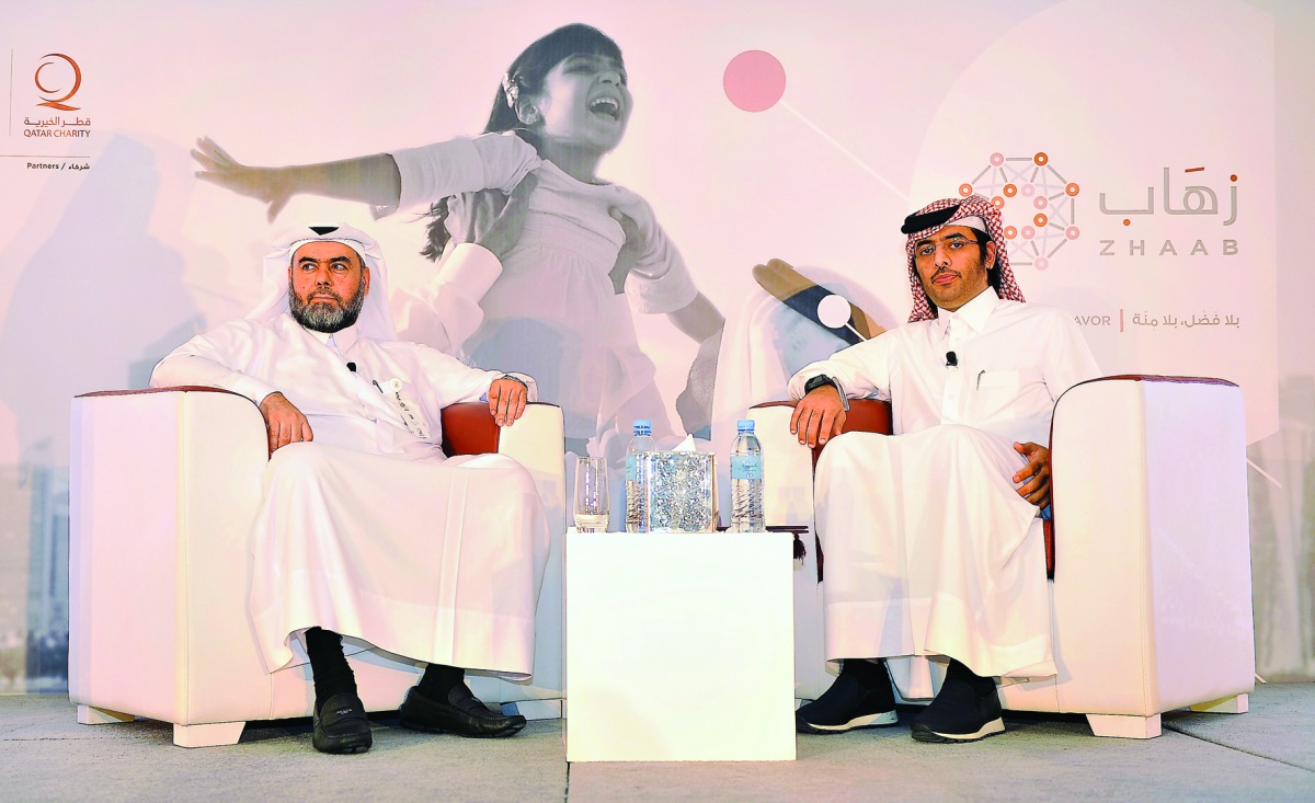 Yusuf bin Ahmed Al Kuwari, CEO of Qatar Charity, and Talal Al Kuwari, Executive Director of Zhaab initiative, at a press conference, yesterday. Pic: Baher Amin / The Peninsula