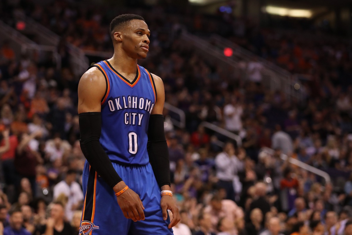 Russell Westbrook #0 of the Oklahoma City Thunder reacts during the final moments of the second half of the NBA game against the Phoenix Suns at Talking Stick Resort Arena on March 3, 2017 in Phoenix, Arizona.  Christian Petersen/AFP
