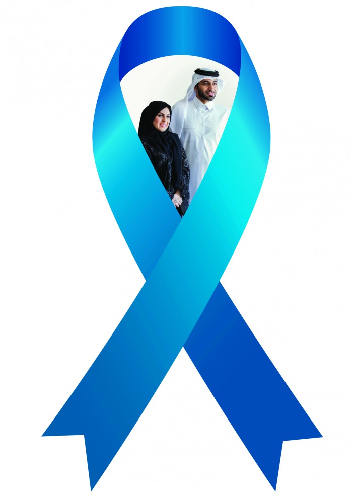 An emblem with a blue-coloured ribbon folded into a loop emphasising the awareness about bowel/colon cancer.