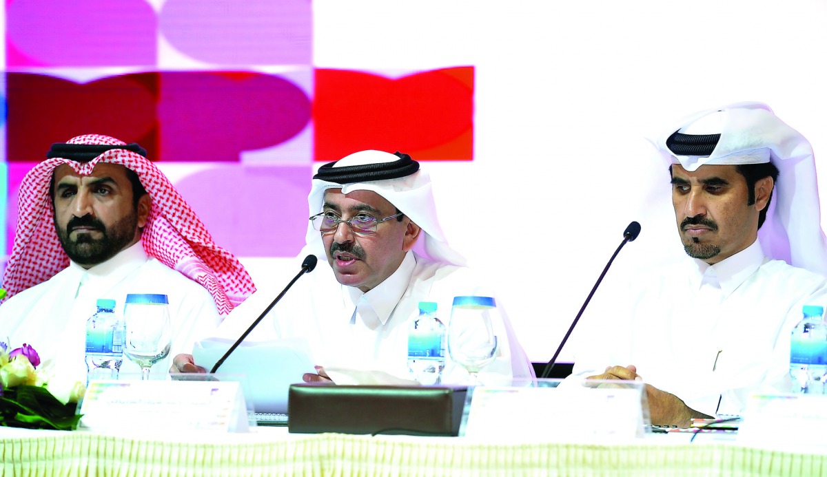 FROM LEFT: Khalid Mohamed Al Subaey, Managing Director, Ahmed Saif Al Sulaiti, Chairman and Mohamed Salem Al Marri, Vice Chairman during the Mesaieed Petrochemical AGM held at La Cigale Hotel, yesterday. Pic: Kammutty VP / The Peninsula