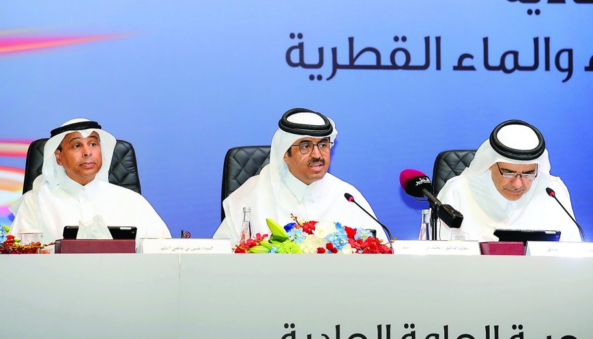 Minister of Energy and Industry and Chairman of Qatar Electricity and Water Company  H E Dr Mohammed bin Saleh Al Sada (centre) addressing the AGM, yesterday.  Pic: Salim Matramkot/The Peninsula