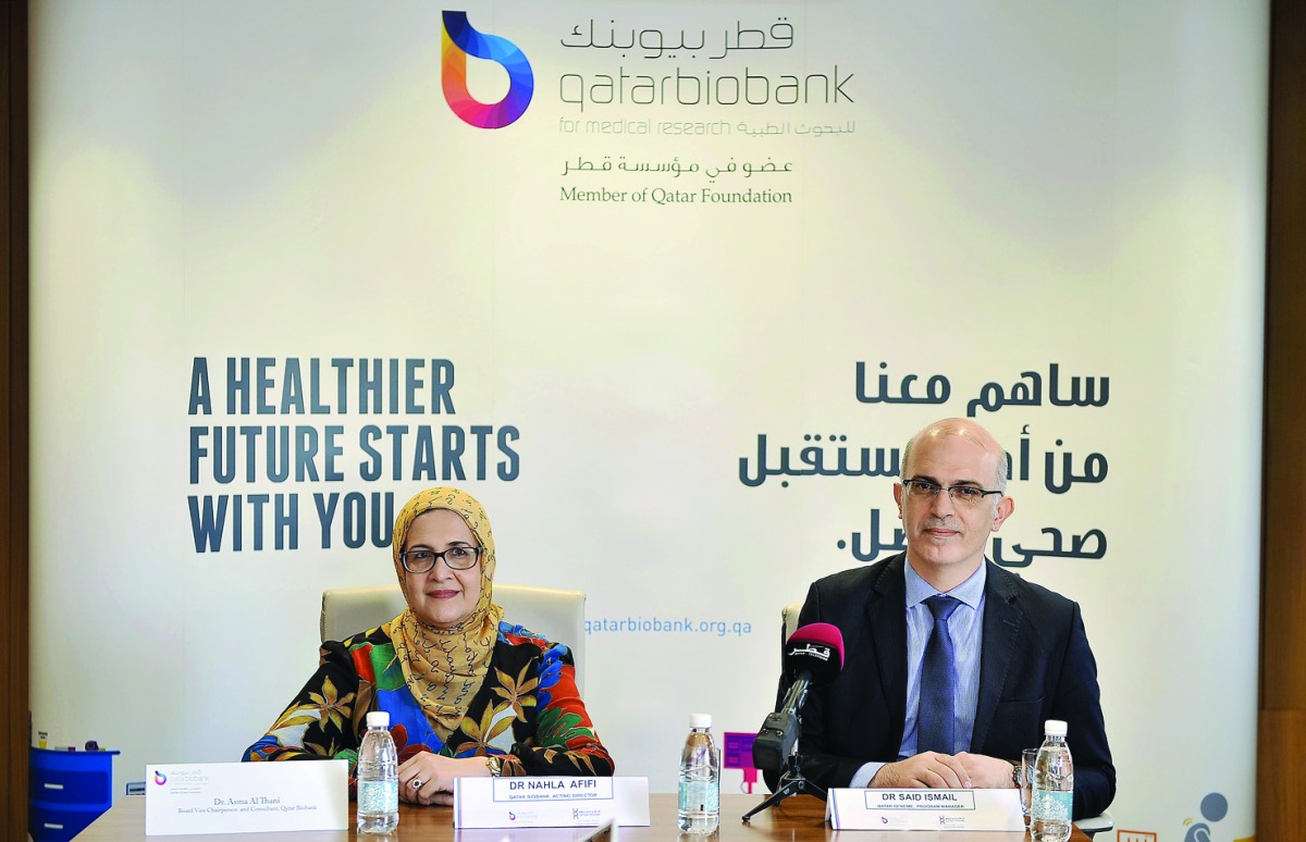 Dr Nahla Afifi, Qatar Biobank Action Director, and Dr Said Ismail, Qatar Genome Programme Manager, at the press conference yesterday. Pic: Baher Amin / The Peninsula