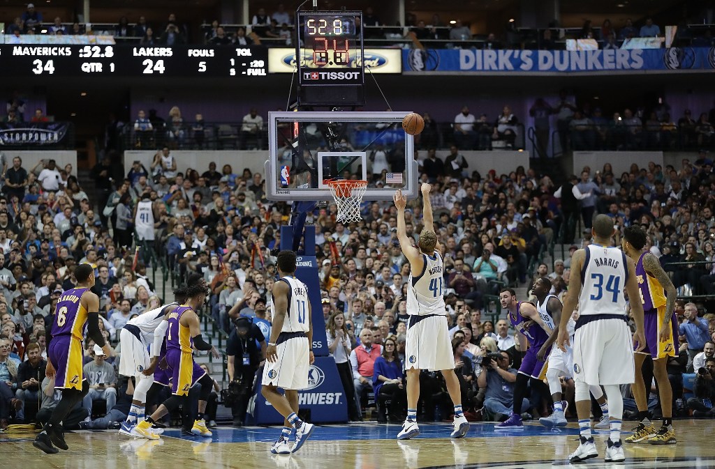 Dirk Nowitzki #41 of the Dallas Mavericks makes a free throw shot against the Los Angeles Lakers at American Airlines Center on March 7, 2017 in Dallas, Texas. Ronald Martinez/AFP
