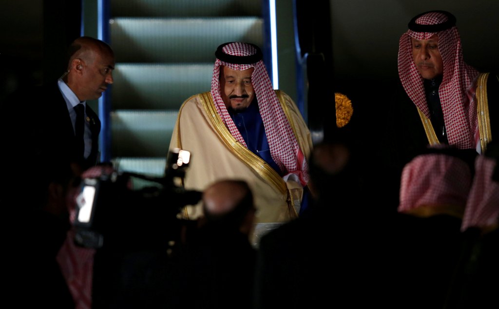 The Custodian of Two Holy Mosques, King Salman bin Abdulaziz Al Saud of Saudi Arabia (C) arrives at Haneda international airport in Tokyo, Japan, March 12, 2017. REUTERS/Toru Hanai
