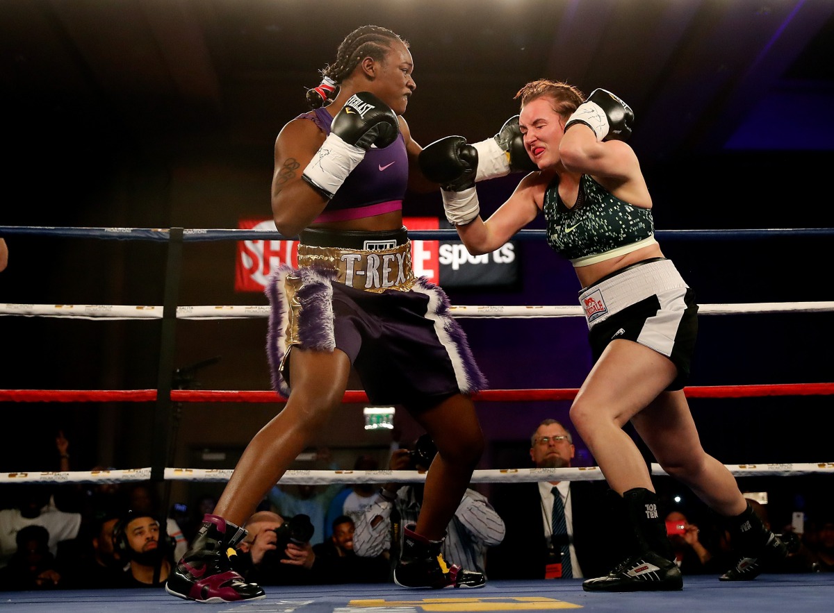 Clarissa Shields throws punch on Szilvia Szabados of Hungary in the second round during the NABF Middleweight Championship at the MGM Grand Detroit on March 11, 2017 in Detroit, Michigan. Shields won the fight in the fourth round by TKO. (Gregory Shamus/G