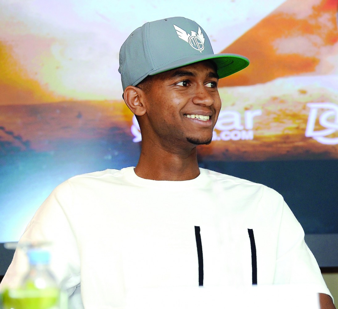 Qatar's star high jumper Mutaz Essa Barshim speaks during a press conference held at the Torch Hotel in Aspire Zone to announce the launch of Esrar Race. Picture: Salim Matramkot/The Peninsula