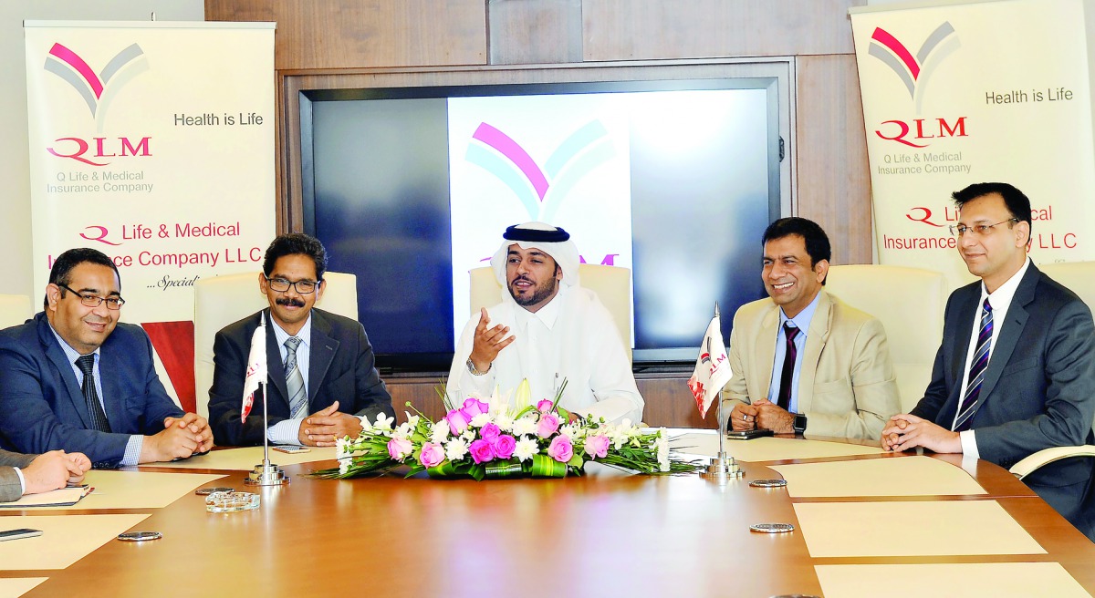 Salem Al Mannai, Deputy Group President and CEO of QIC-MENA Region, speaking at the press conference in the presence of Habeeb Abdulkhader (second right), Vice-President of QLM; Narayan Rao (second left), COO at QLM; Puneet Bakshi (right), Finance Head at