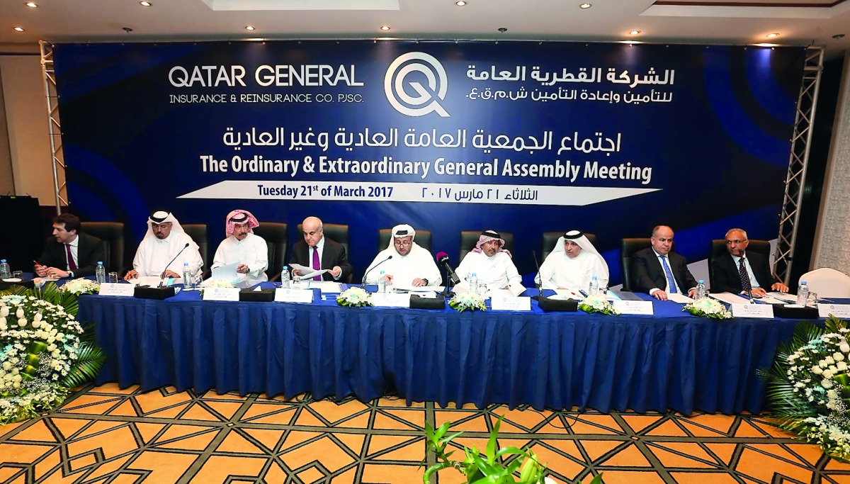 Sheikh Nasser bin Ali bin Saud Al Thani, Chairman of QGIRCO , the board members and other senior officials at the Annual General Assembly meeting held at Doha Mariott Hotel, yesterday.
