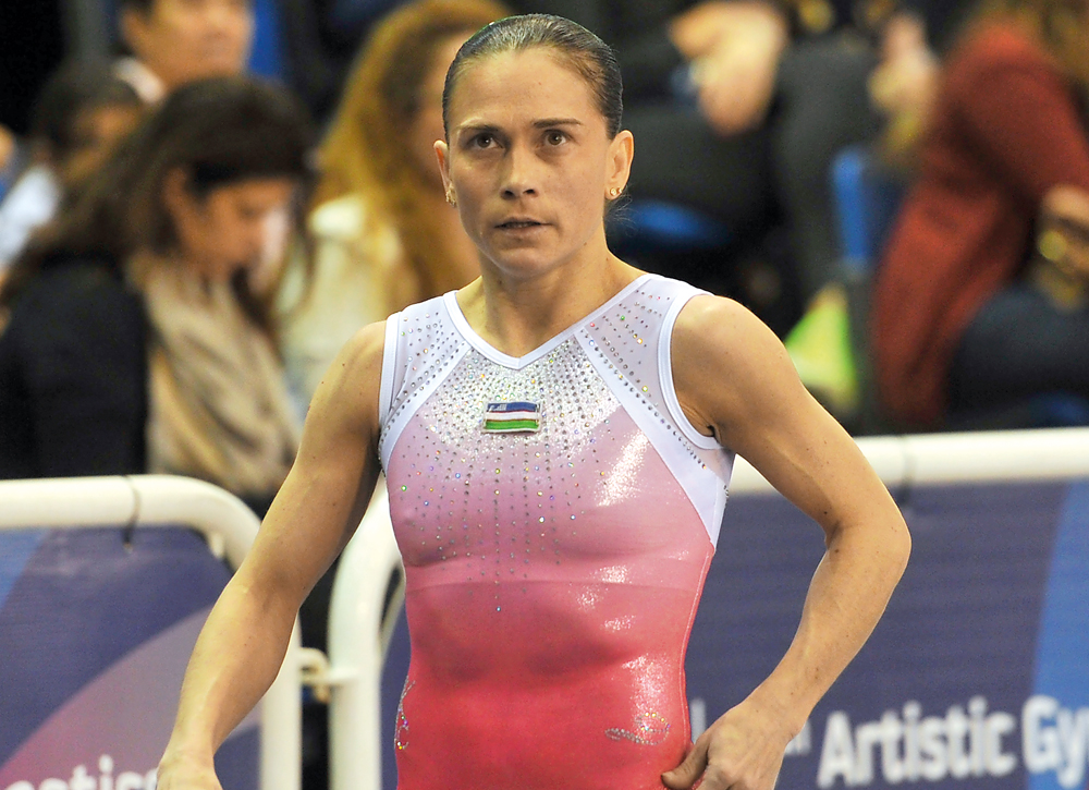 Uzbekistan's Oksana Chusovitina reacts during the Women's Vault event.  Kammutty VP © The Peninsula