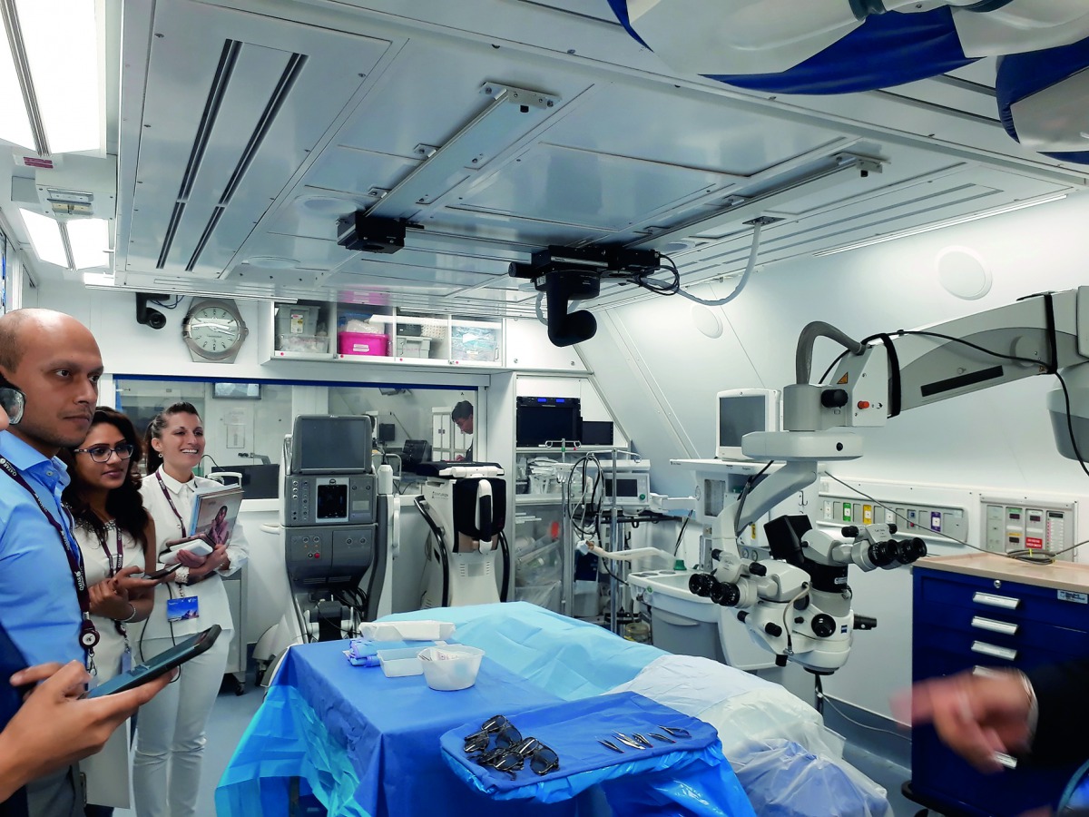 The state-of-the-art medical facility onboard the Orbis Flying Eye Hospital, parked at the Doha International Airport.