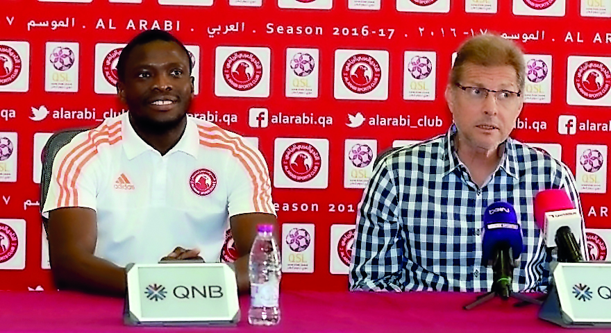 Al Arabi coach Osvaldo Olivera attends a press conference ahead of their Qatar Stars game against Al Shahania.