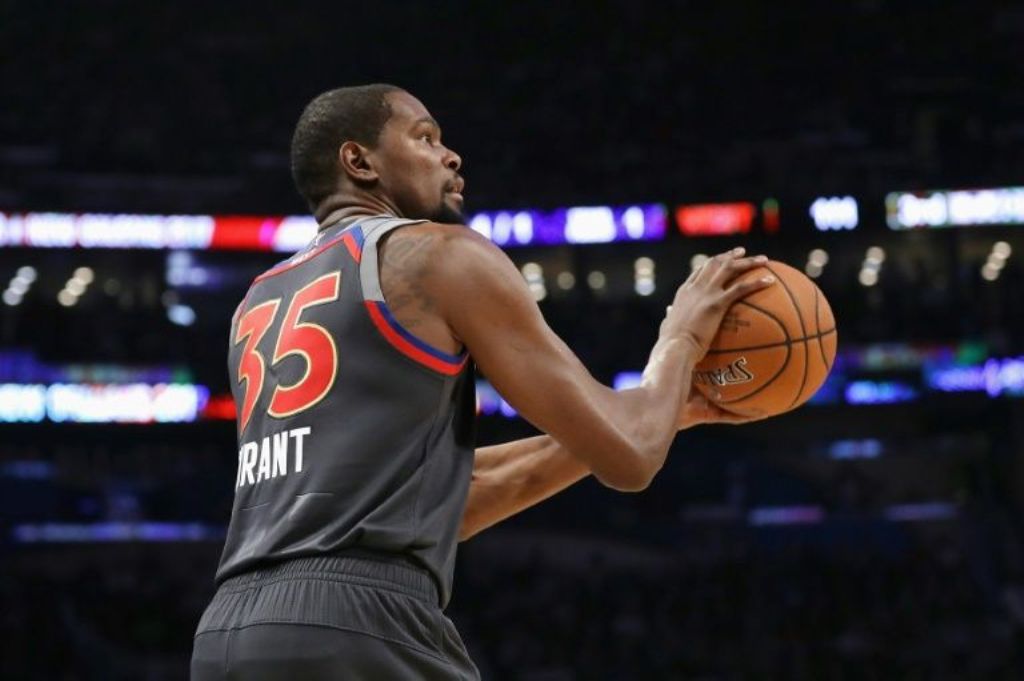 Kevin Durant of the Golden State Warriors shoots the ball in the second half of the 2017 NBA All-Star Game February 19, 2017 in New Orleans