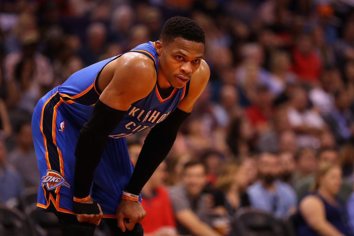 Russell Westbrook #0 of the Oklahoma City Thunder leans in during the second half of the NBA game against the Phoenix Suns at Talking Stick Resort Arena on April 7, 2017 in Phoenix, Arizona.  Christian Petersen/AFP
