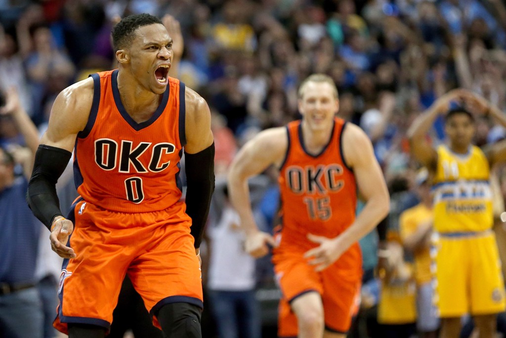 Russell Westbrook #0 of the Oklahoma City Thunder celebrates after scoring a game-winning, three-point shot at the buzzer against the Denver Nuggets at Pepsi Center on April 9, 2017 in Denver, Colorado. Matthew Stockman/ AFP
