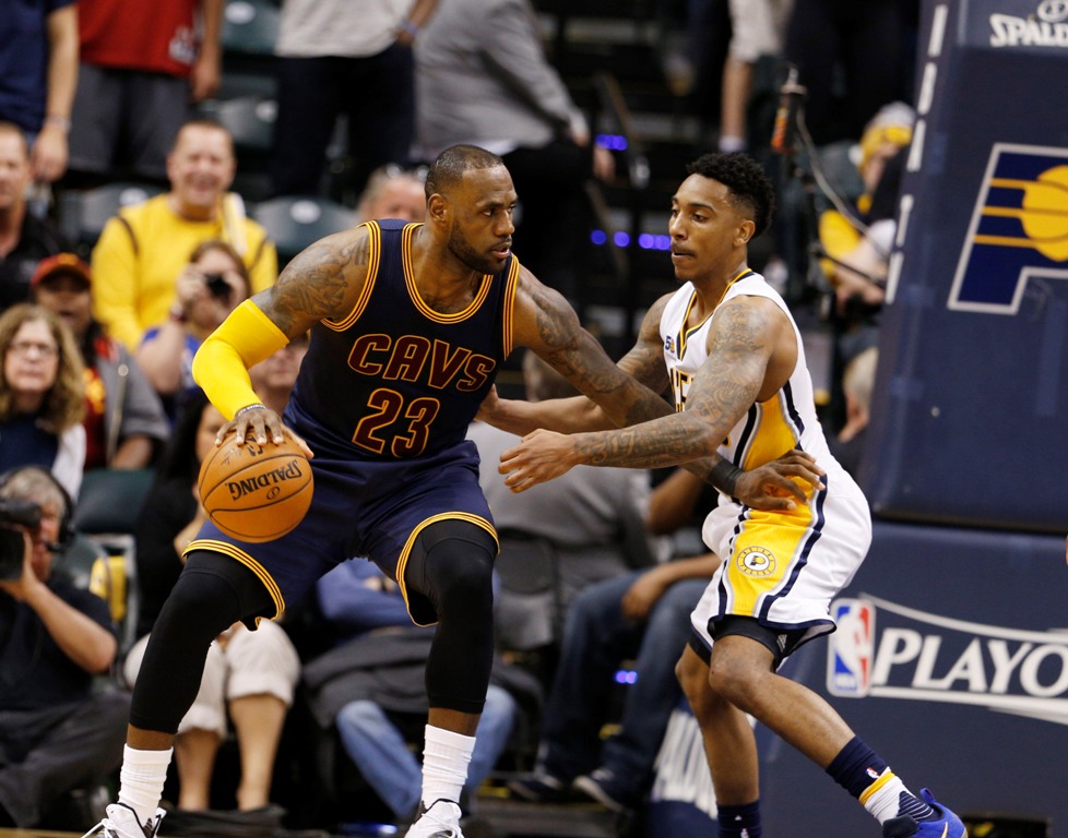 Cleveland Cavaliers forward LeBron James (23) is guarded by Indiana Pacers guard Jeff Teague (44) in game four of the first round of the 2017 NBA Playoffs at Bankers Life Fieldhouse.  Brian Spurlock
