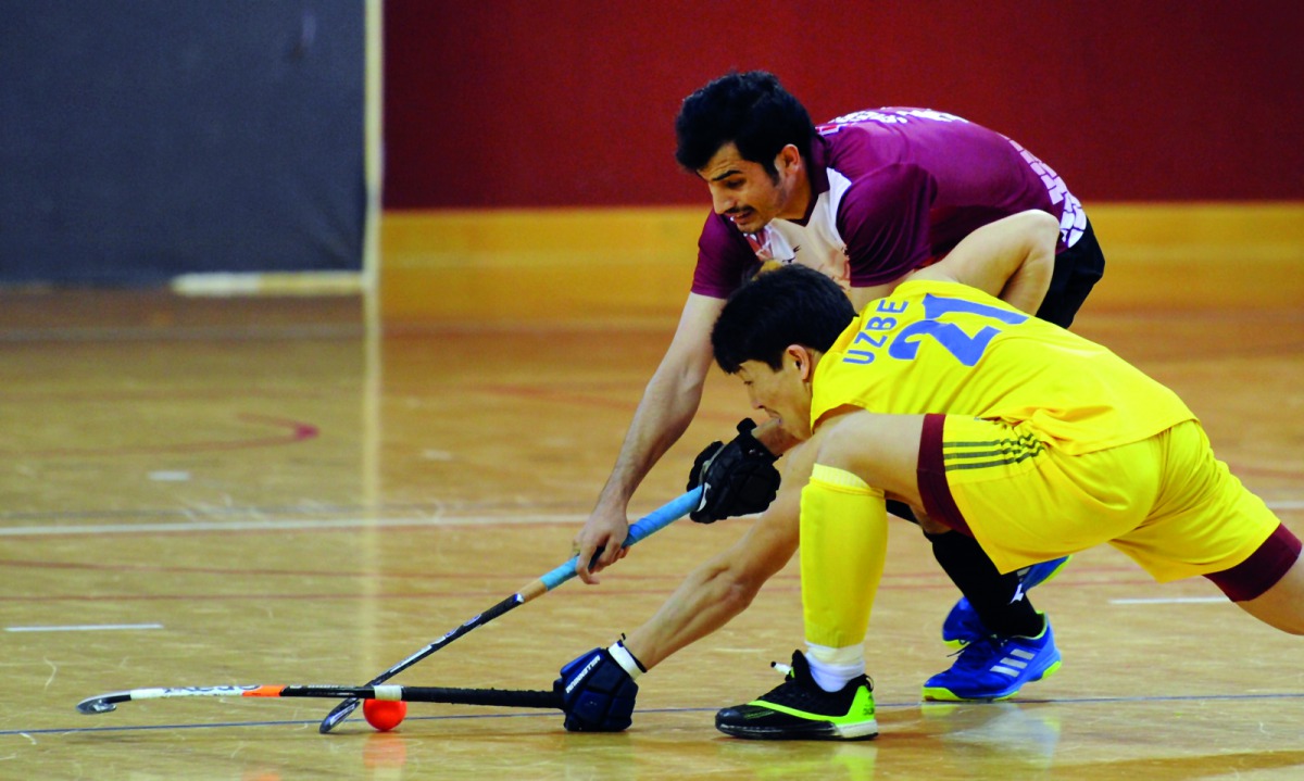 Action during the Indoor Asia Cup Hockey Championship semi-final match between Kazakhstan and Qatar at Aspire Dome, yesterday. Pic: Salim Matramkot / The Peninsula
