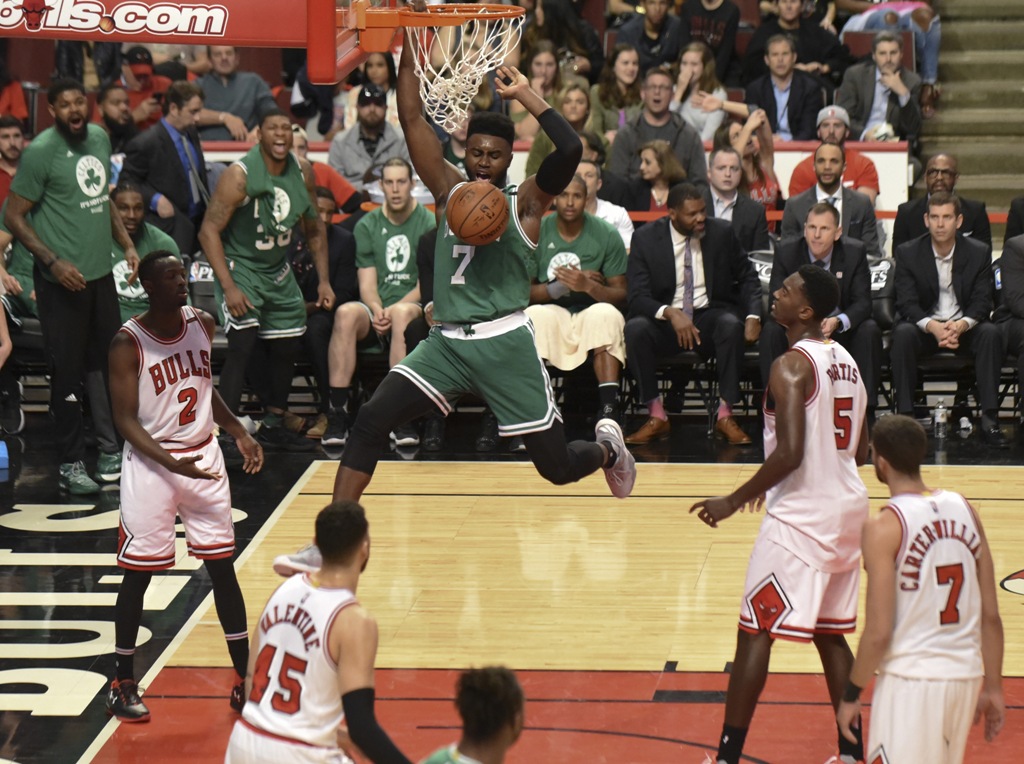 Boston Celtics forward Jaylen Brown (7) dunks against the Chicago Bulls during the second half in game six of the first round of the 2017 NBA Playoffs at United Center.  David Banks
