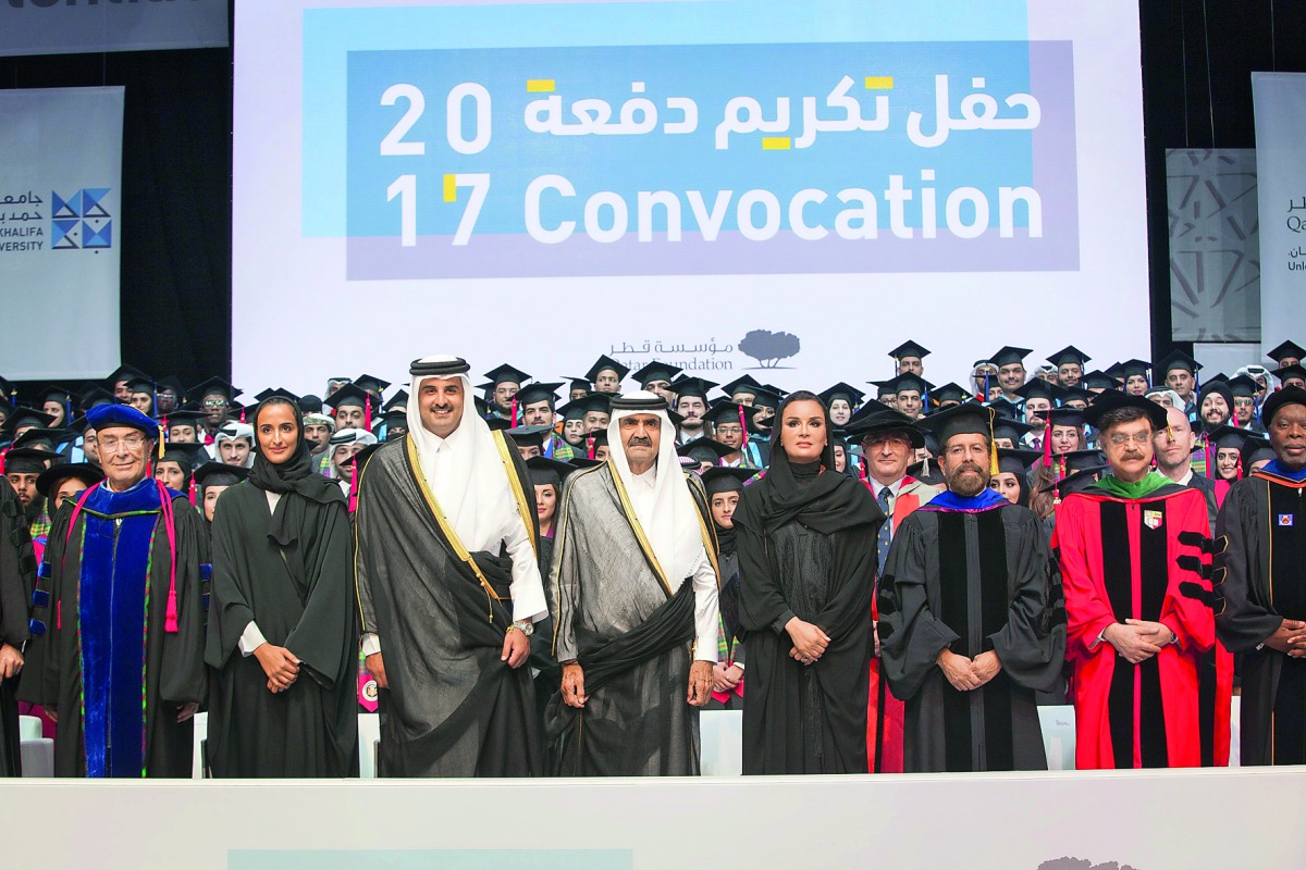 Emir H H Sheikh Tamim bin Hamad Al Thani, Father Emir H H Sheikh Hamad bin Khalifa Al Thani, H H Sheikha Moza bint Nasser, Chairperson of Qatar Foundation  (QF) and H E Sheikha Hind bint Hamad Al Thani, Vice-Chairperson and CEO of QF, during the graduatio