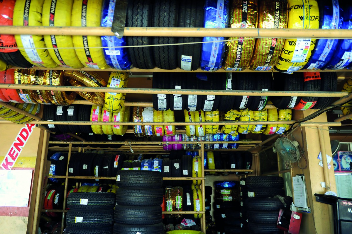 New stock of tyres displayed at a shop in Doha. Pic: Abdul Basit / The Peninsula 