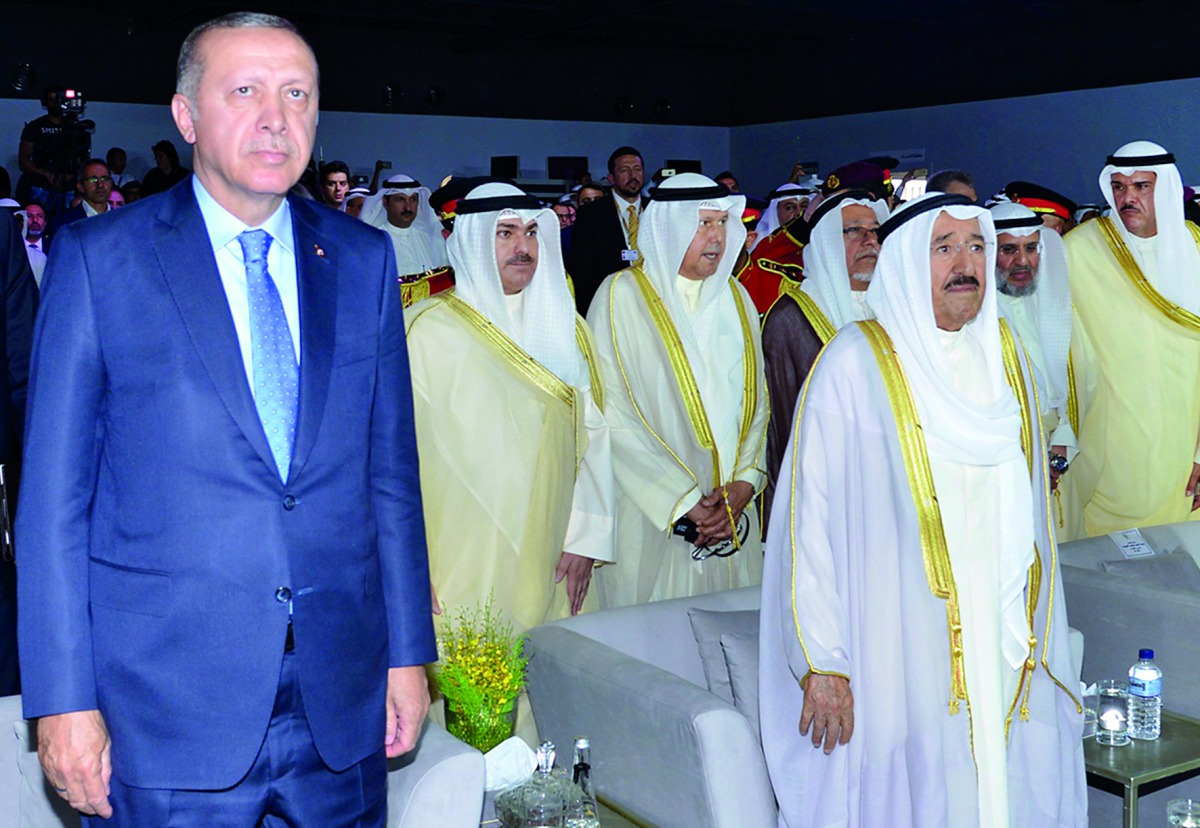  The Emir of Kuwait H H Sheikh Sabah Al Ahmad Al Jaber Al Sabah and Turkish President Recep Tayyip Erdogan attending a ceremony held in connection with the constructions of the new Kuwait international airport in Kuwait City, yesterday.