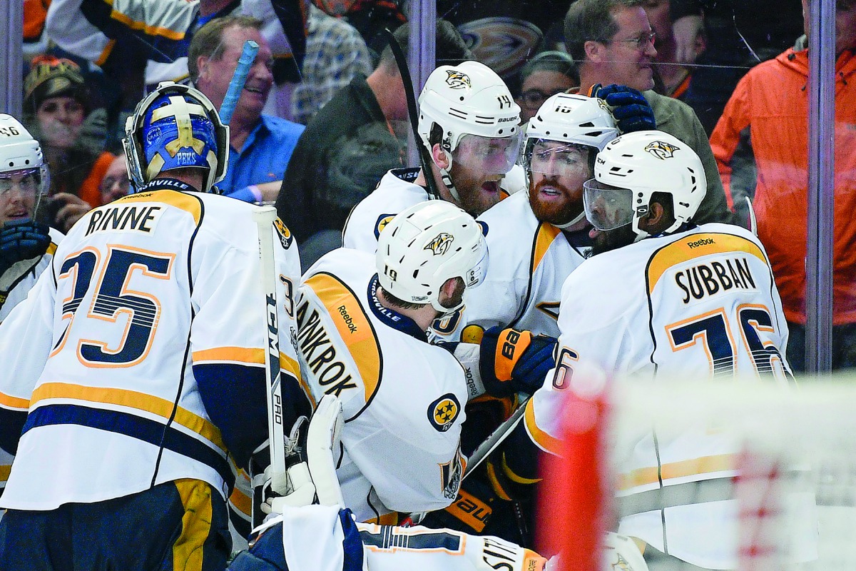 The Nashville Predators celebrate after the game winning goal by James Neal against the Anaheim Ducks during overtime in game one of the Western Conference final at Honda Center on Friday.