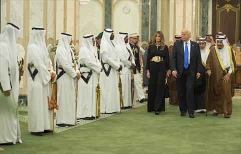 The Custodian of the Two Holy Mosques, King Salman bin Abdulaziz Al Saud of Saudi Arabia (R) welcomes U.S. President Donald Trump (right 2) and his wife Melania Trump (right 3) prior to their meeting at Al-Yamamah Palace in Riyadh, Saudi Arabia on May 20,