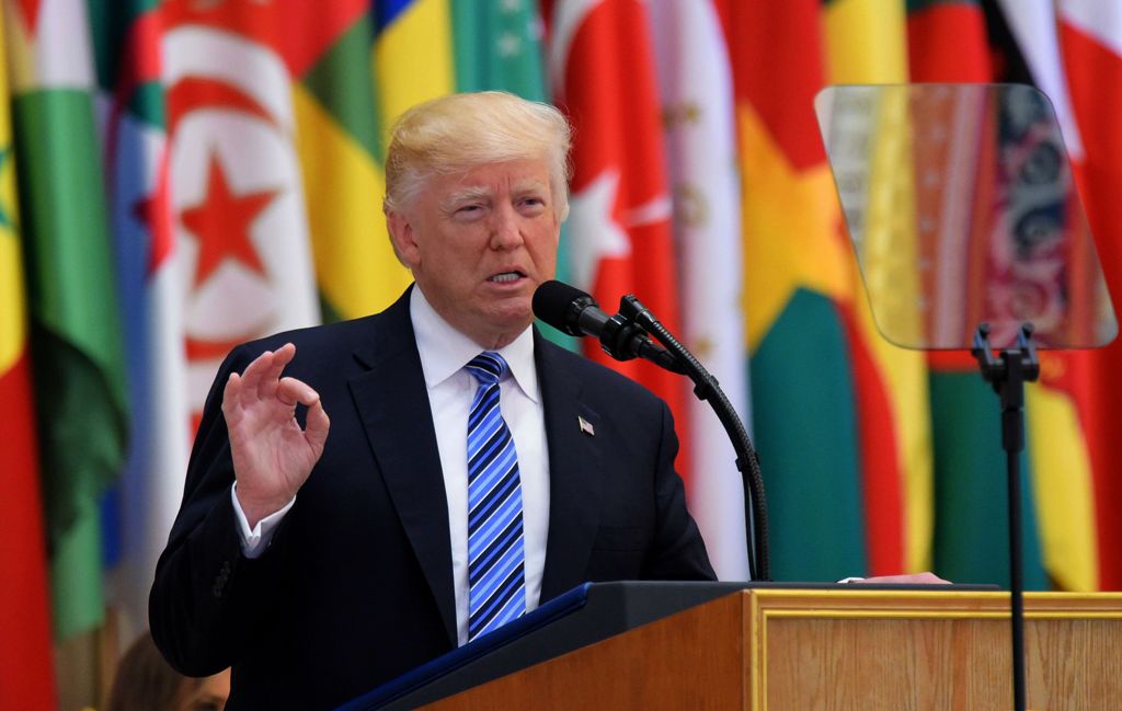 US President Donald Trump speaks during the Arabic Islamic American Summit at the King Abdulaziz Conference Center in Riyadh on May 21, 2017. Trump tells Muslim leaders he brings message of 'friendship, hope and love' / AFP / MANDEL NGAN