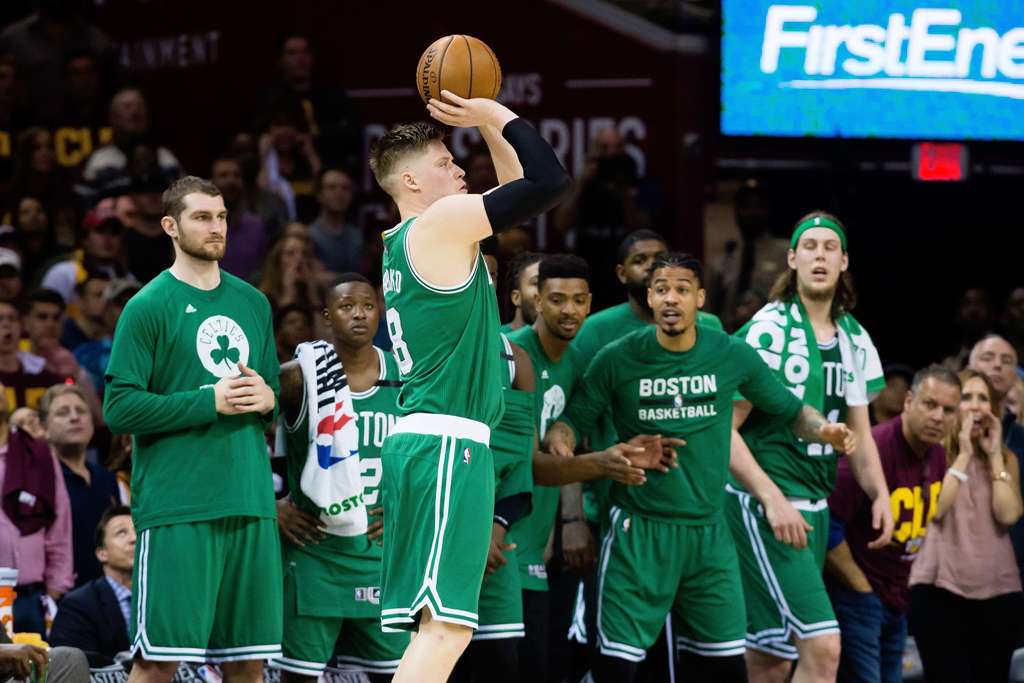 Jonas Jerebko #8 of the Boston Celtics shoots against the Cleveland Cavaliers in the second half during Game Three of the 2017 NBA Eastern Conference Finals at Quicken Loans Arena on May 21, 2017 in Cleveland, Ohio. Jason Miller/AFP
